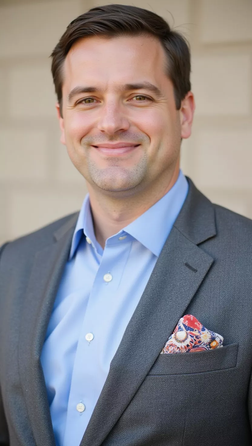 A professional photo, similar to a photo in a wedding magazine, of a man wearing a well-fitted grey flannel suit, a light blue shirt, and a colorful patterned pocket square.