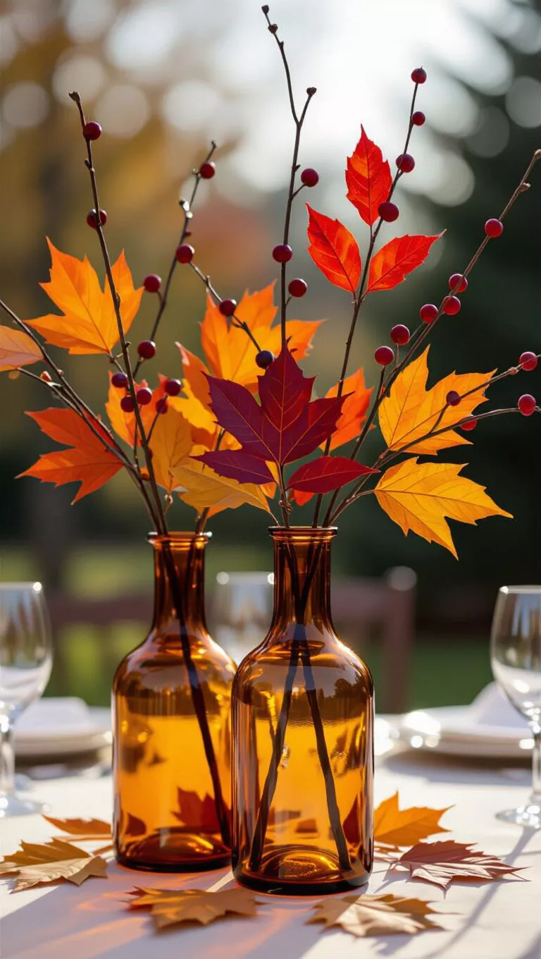 A professional photo, similar to a photo in a wedding magazine, of amber-colored glass vases holding fall leaves and branches as a wedding centerpiece.