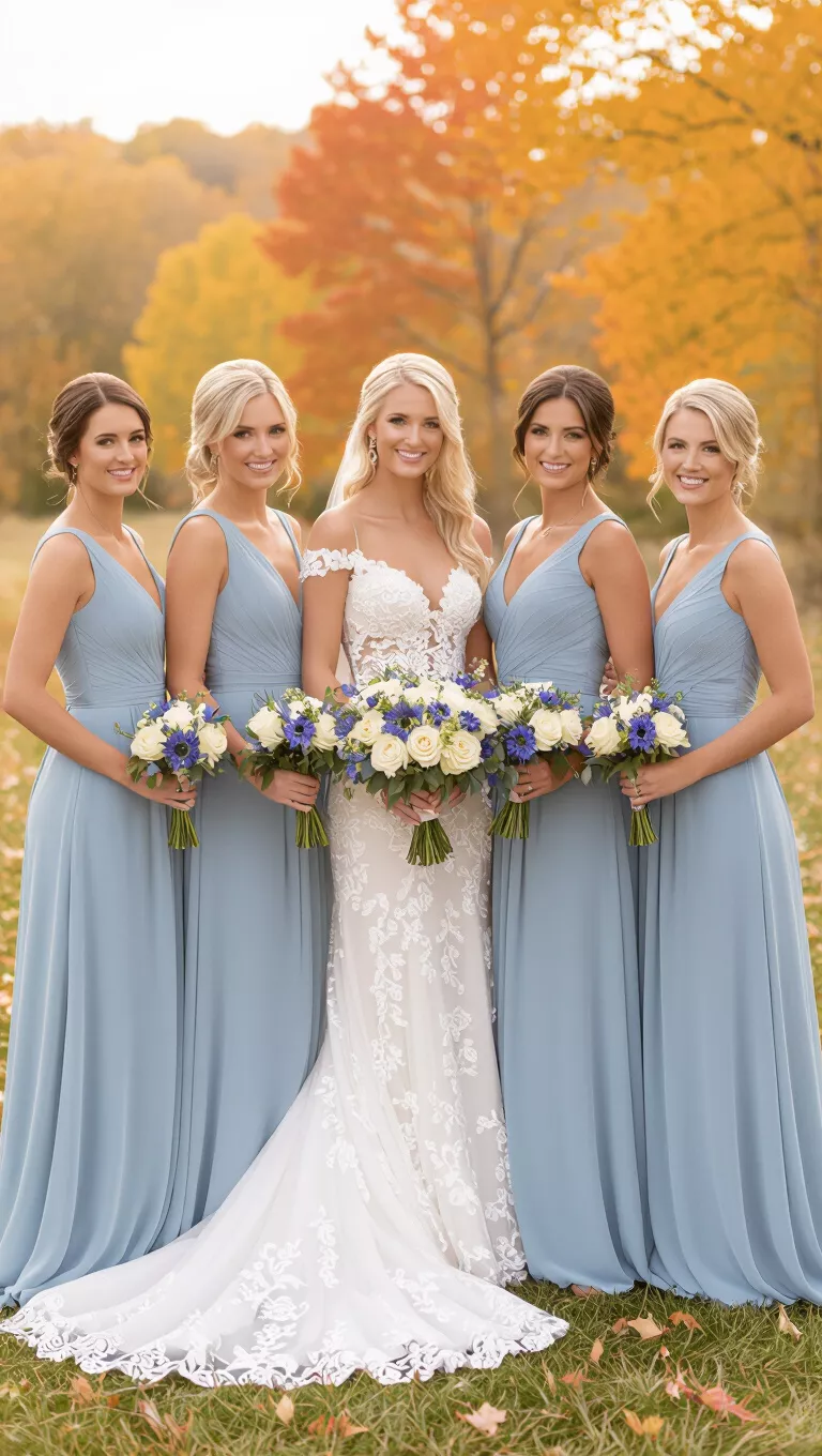 A professional photo, similar to a photo in a wedding magazine, of cornflower blue bridesmaid dresses standing together in an outdoor fall setting.