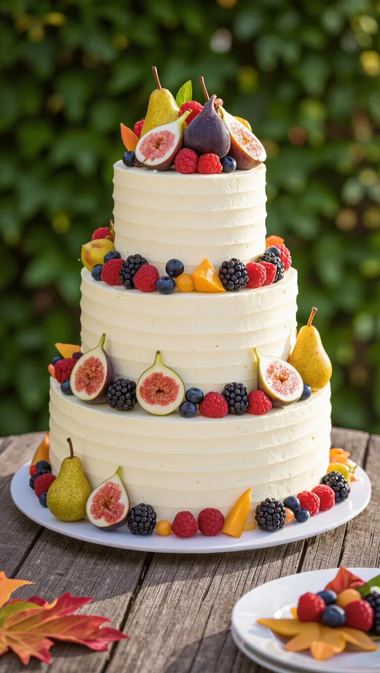 A professional photo, similar to a photo in a wedding magazine, of a buttercream wedding cake generously adorned with an array of vibrant fresh fall fruits like figs, berries, and pears.