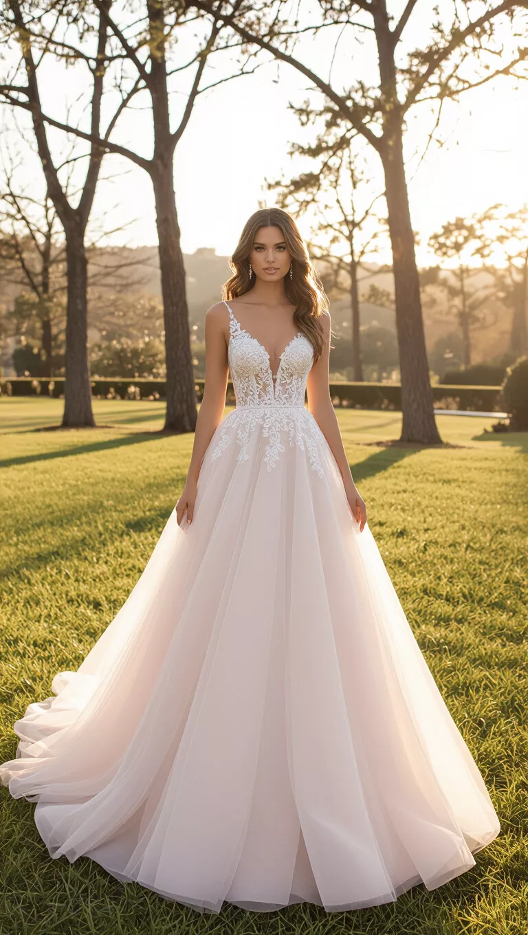 A professional photo, similar to a photo in a wedding magazine, of a light blush pink tulle wedding dress with a delicate lace bodice.