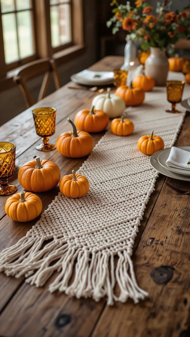 Fall Macrame Table Runner A professional photo, similar to a photo in a wedding magazine, of a long macrame table runner laid over a rustic wooden table, adorned with small pumpkins and amber glassware.