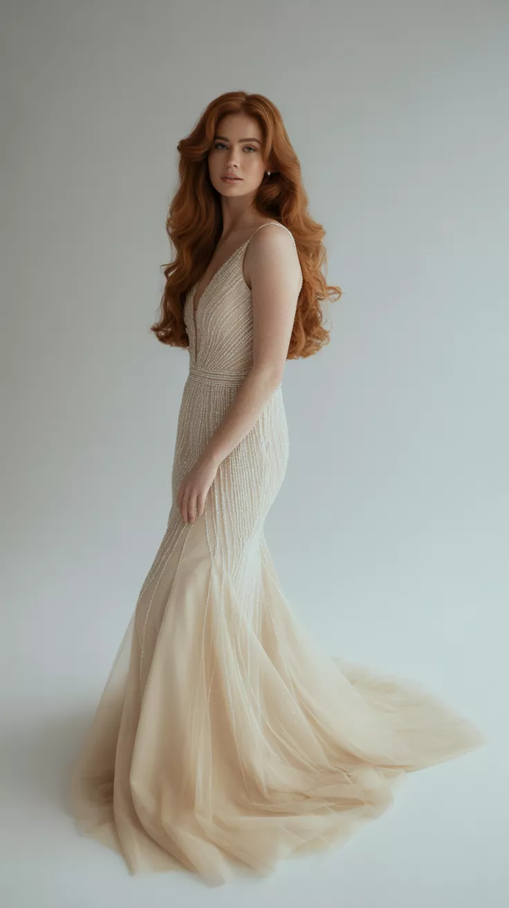 Champagne Mermaid Wedding Dress A beautiful woman poses confidently in a Champagne Mermaid Wedding Dress, clean studio background, pale gray, studio lighting.