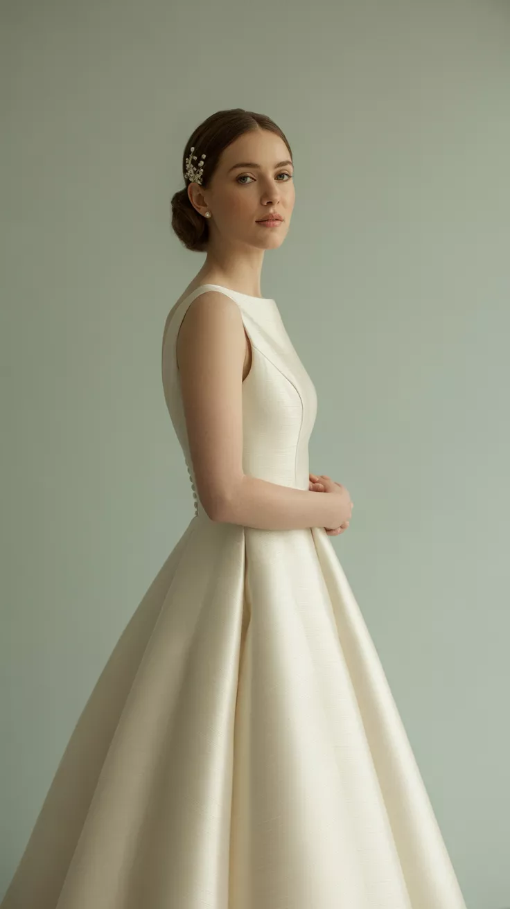 A-line Mikado Wedding Dress A beautiful woman poses confidently in an A-line Mikado Wedding Dress, clean studio background, pale gray, studio lighting.