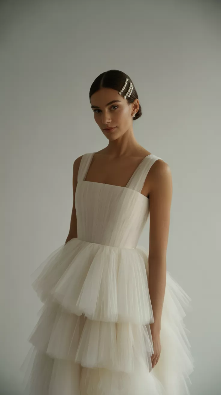 Minimalist Tulle Wedding Dress with Wide Straps A beautiful woman poses confidently in a Minimalist Tulle Wedding Dress with Wide Straps, clean studio background, pale gray, studio lighting.