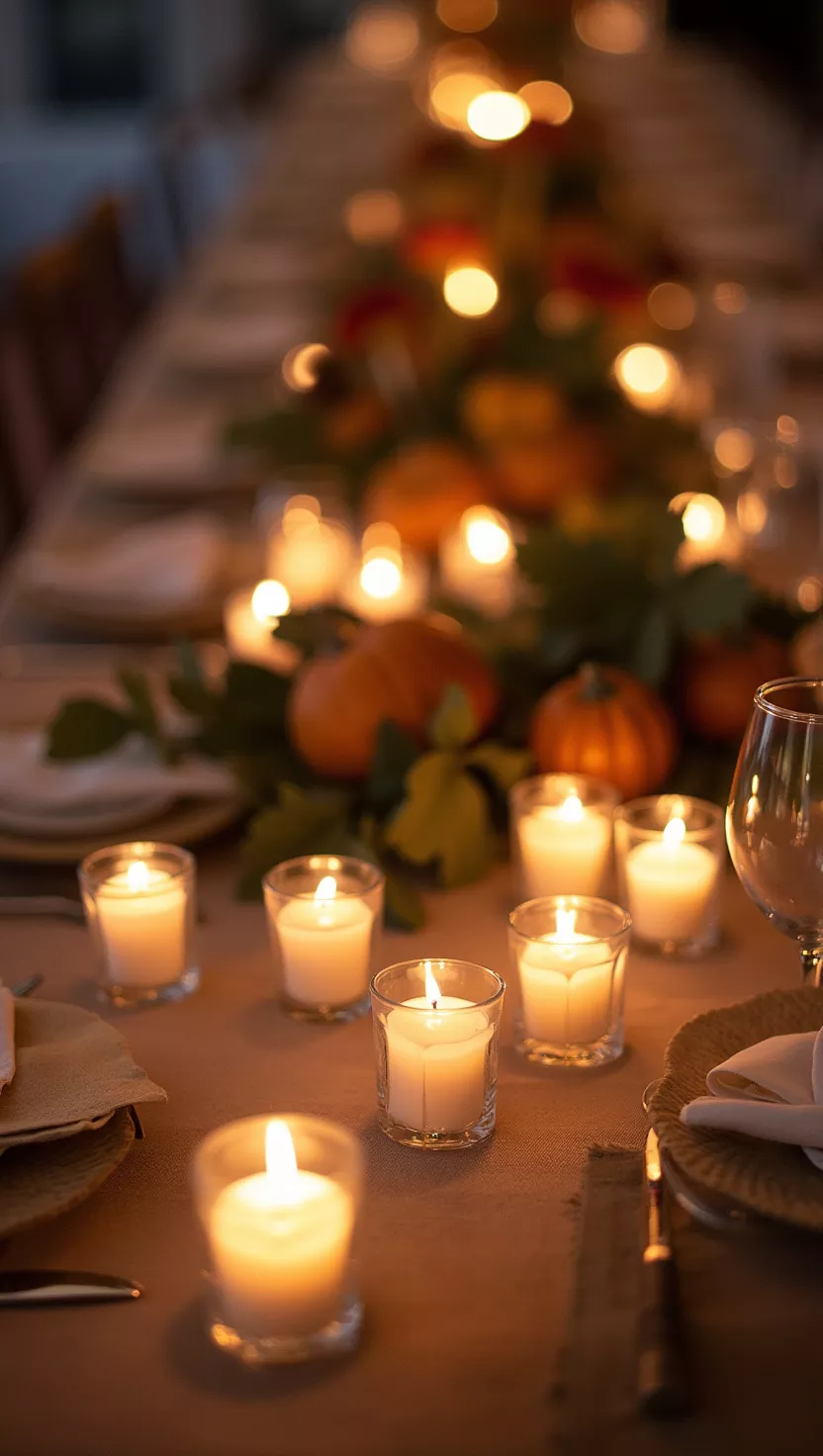 A professional photo, similar to a photo in a wedding magazine, of a fall wedding table with numerous small votive candles scattered amongst a centerpiece, providing soft, ambient light.