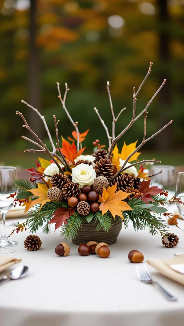 A professional photo, similar to a photo in a wedding magazine, of a fall wedding table with a centerpiece artfully composed of natural materials like acorns, chestnuts, and beautifully shaped twigs.