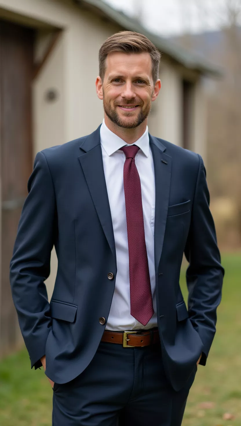 A professional photo, similar to a photo in a wedding magazine, of a man wearing a navy suit, a crisp white shirt, and a rich burgundy tie, standing in a rustic outdoor setting.
