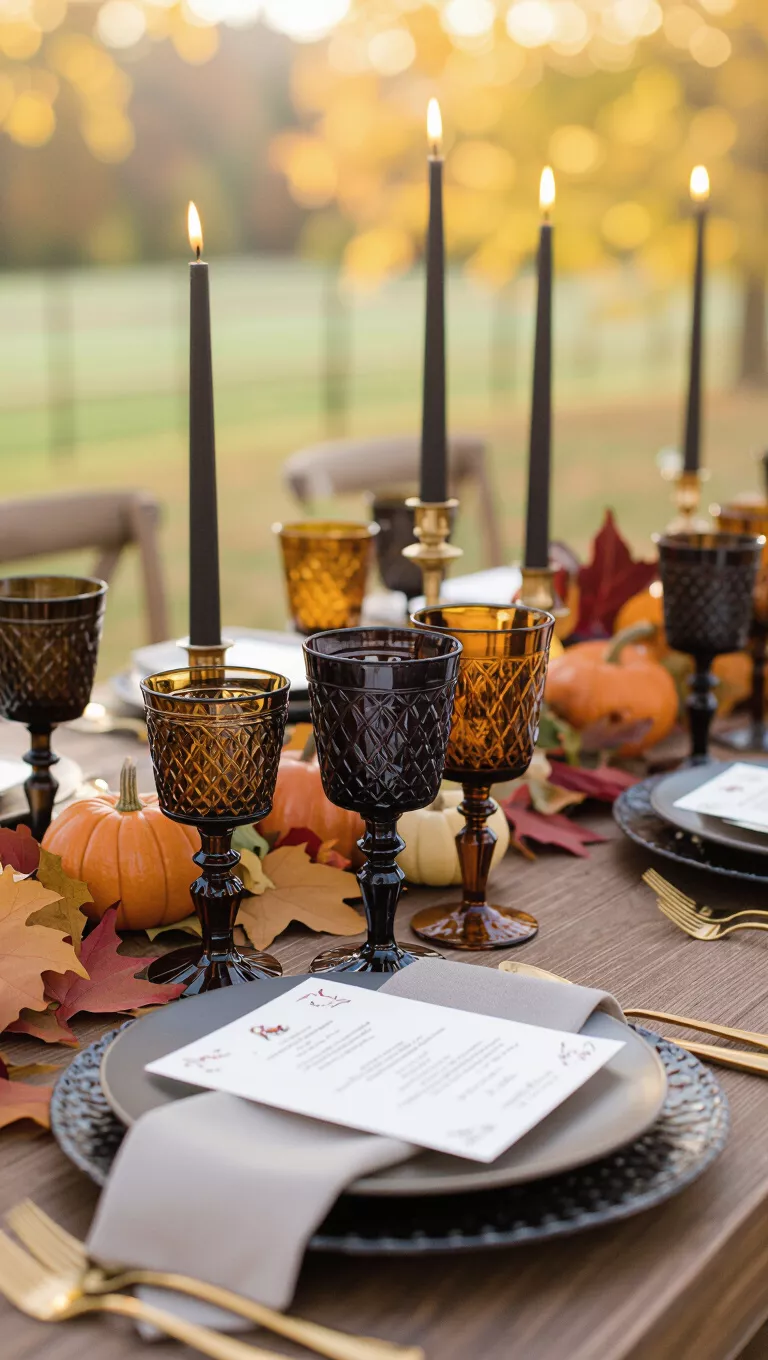 A professional photo, similar to a photo in a wedding magazine, of a fall wedding table with dark, charcoal-hued or amber-colored glassware adding an intriguing, moody element to the setting.