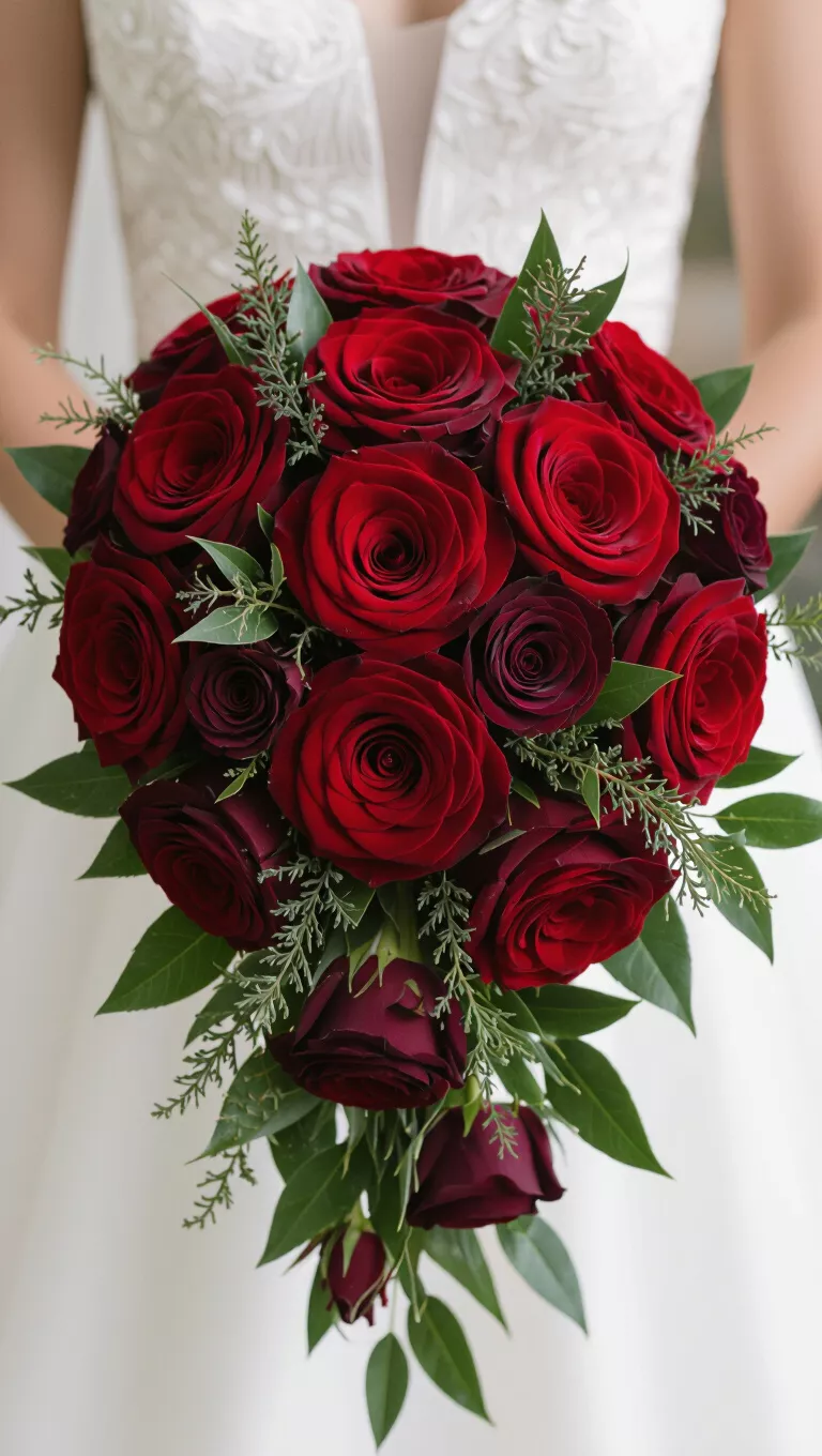 A professional photo, similar to a photo in a wedding magazine, of a bridal bouquet featuring rich ruby red roses and dark green foliage.
