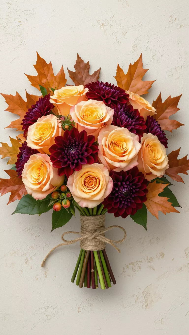 Autumn Bridal Bouquet A professional photo, similar to a photo in a wedding magazine, of a rustic autumn bridal bouquet with deep orange roses, crimson dahlias, and dried oak leaves tied with twine.