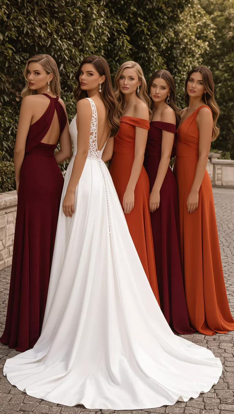 Fall Bridesmaid Dresses A professional photo, similar to a photo in a wedding magazine, of a line of bridesmaids dressed in elegant, long gowns in shades of deep burgundy and burnt orange.