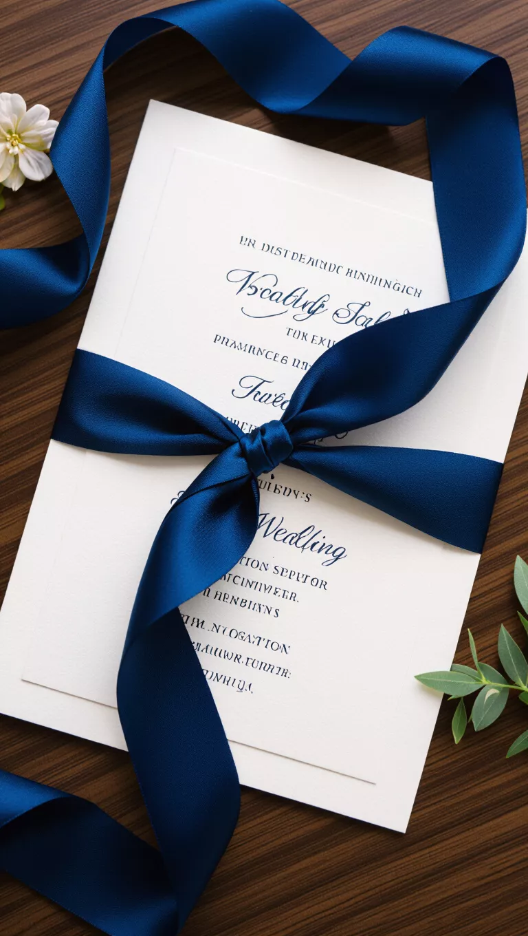 A professional photo, similar to a photo in a wedding magazine, of a delicate sapphire blue silk ribbon tied around a wedding invitation suite.
