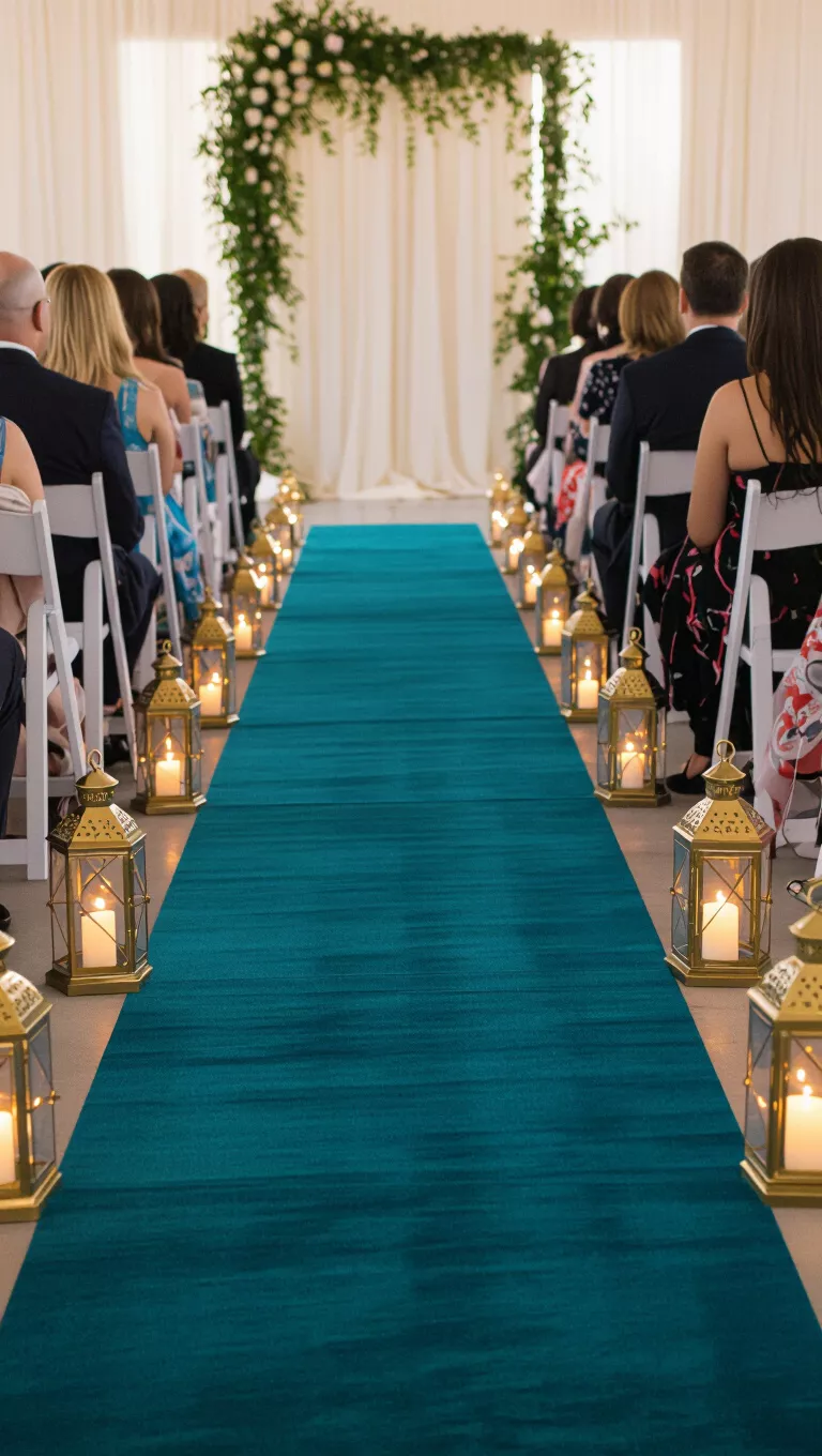 A professional photo, similar to a photo in a wedding magazine, of a wedding aisle runner in a rich teal color, with gold lanterns lining the path.