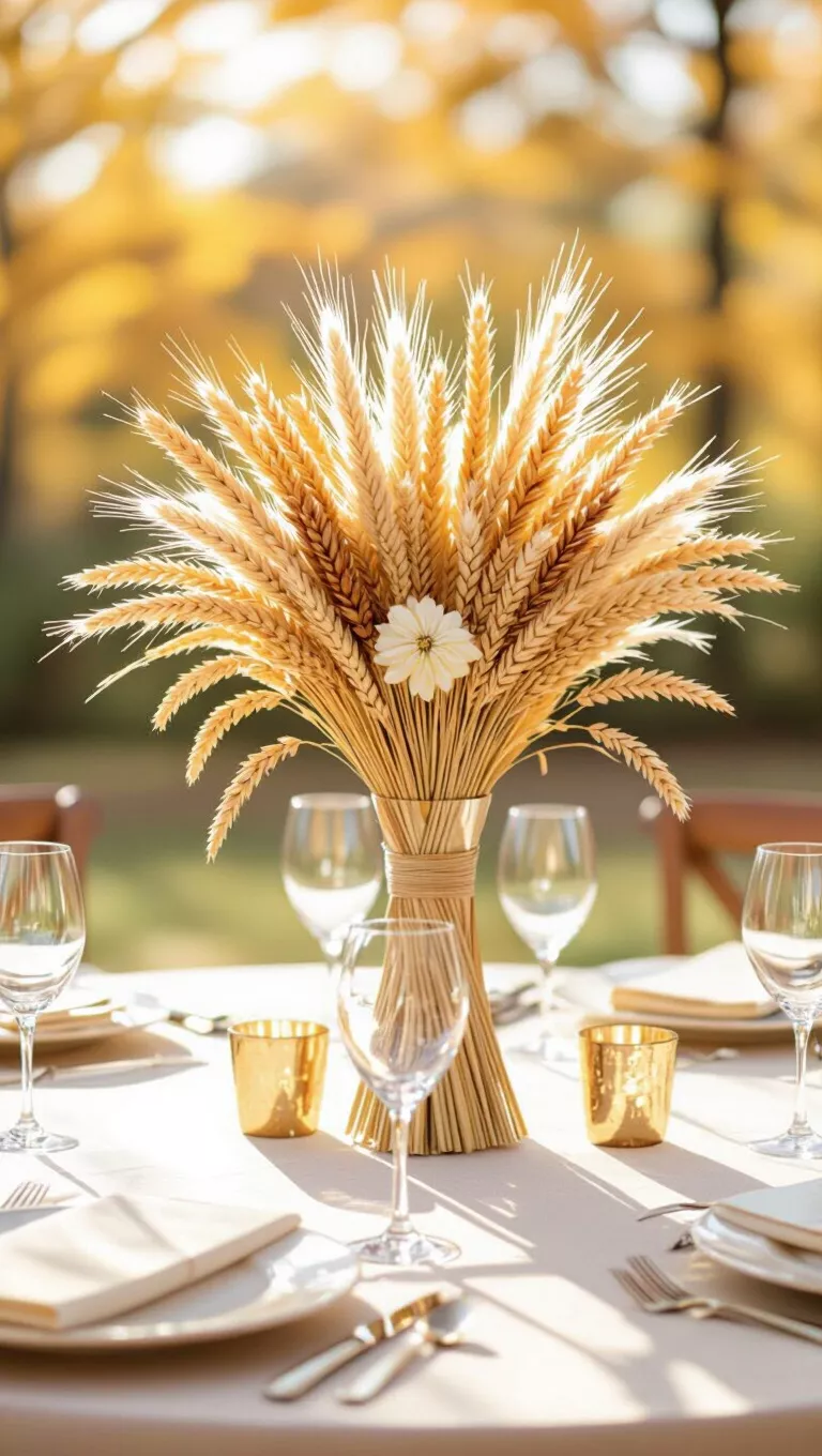 A professional photo, similar to a photo in a wedding magazine, of a fall wedding table with a centerpiece showcasing elegant sheaves of dried wheat and other golden grains.