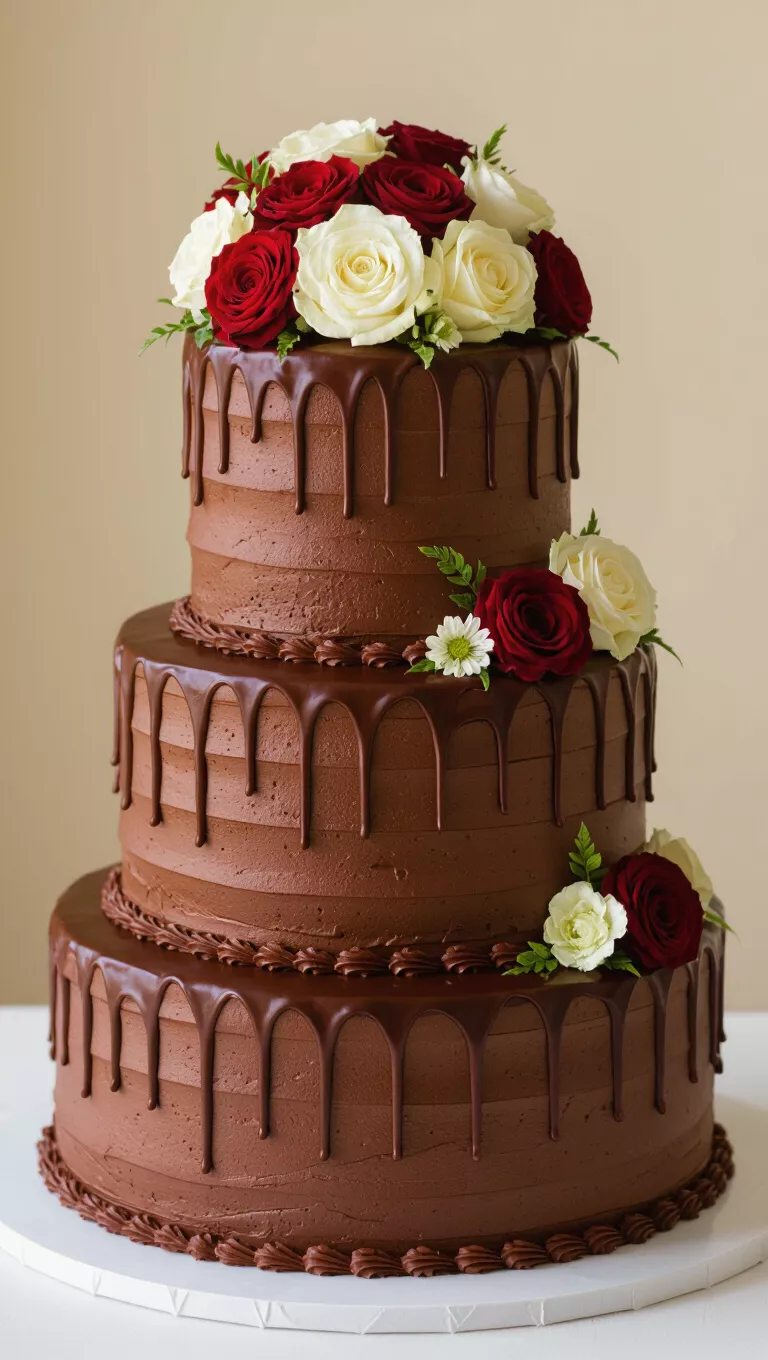 A professional photo, similar to a photo in a wedding magazine, of a decadent multi-tiered chocolate fall wedding cake with a rich, glossy drip icing descending elegantly down the tiers.