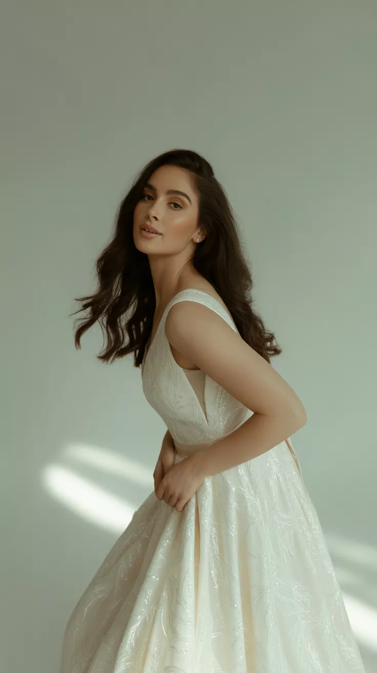 2 in 1 Wedding Dress with Detachable Skirt A beautiful woman poses confidently in a 2 in 1 Wedding Dress with Detachable Skirt, clean studio background, pale gray, studio lighting.