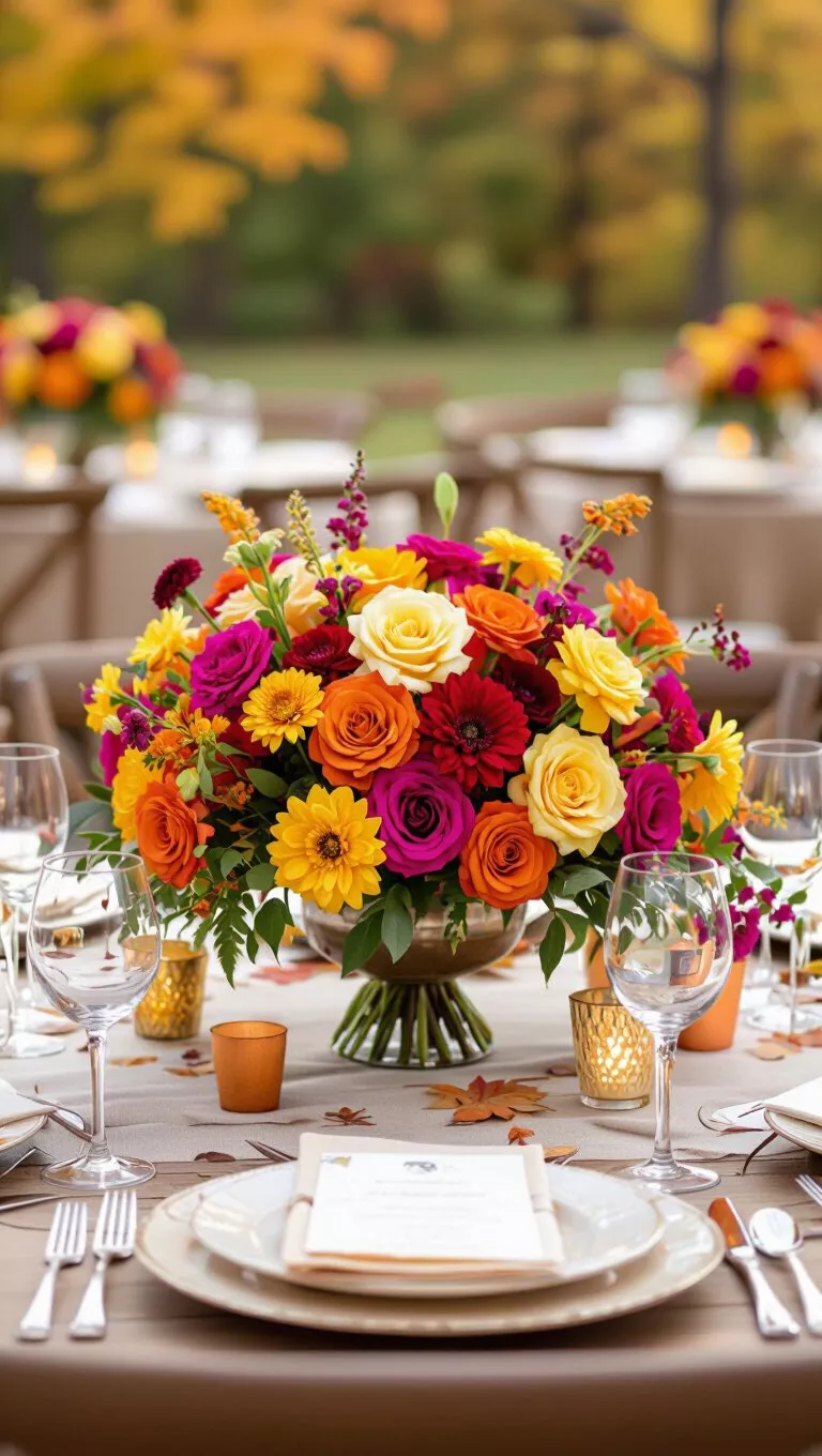 A professional photo, similar to a photo in a wedding magazine, of a fall wedding table with a centerpiece bursting with bright orange, yellow, and fuchsia flowers, providing a pop of color.