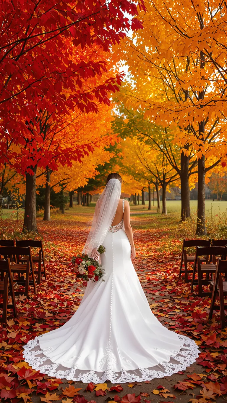 Embrace Fall Foliage A professional photo, similar to a photo in a wedding magazine, of a wedding aisle lined with vibrant autumn leaves in shades of red, orange, and gold.