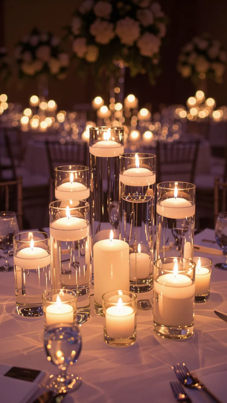 Candle Fall Wedding Decor A professional photo, similar to a photo in a wedding magazine, of a wedding reception table illuminated by numerous pillar candles in varying heights, creating a warm glow.