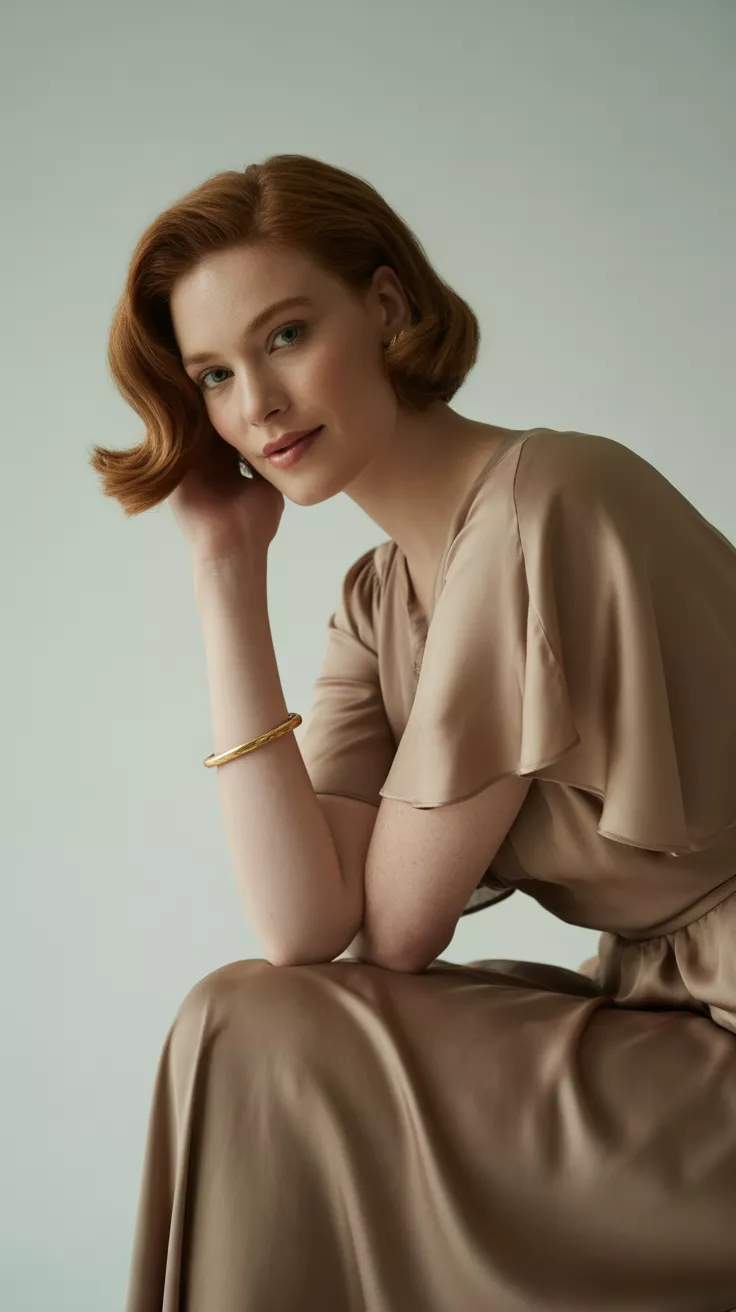 A beautiful woman poses confidently in a brown satin maxi dress with flutter sleeves, clean studio background, pale gray, studio lighting.