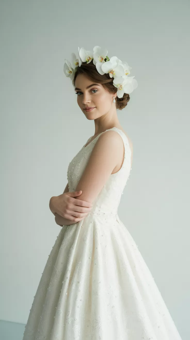 A-line Wedding Dress A beautiful woman poses confidently in an A-line Wedding Dress, clean studio background, pale gray, studio lighting.