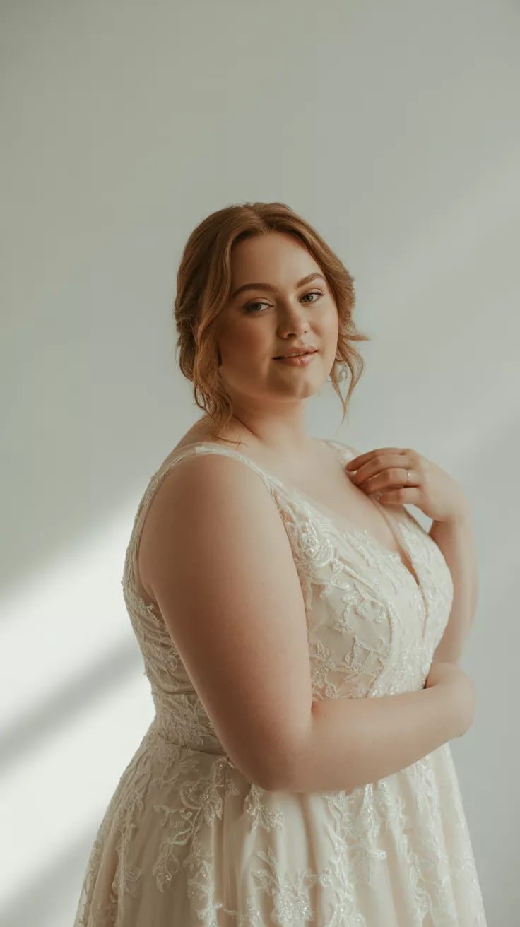 Plus Size Lace Wedding Dress A beautiful woman poses confidently in a Plus Size Lace Wedding Dress, clean studio background, pale gray, studio lighting.