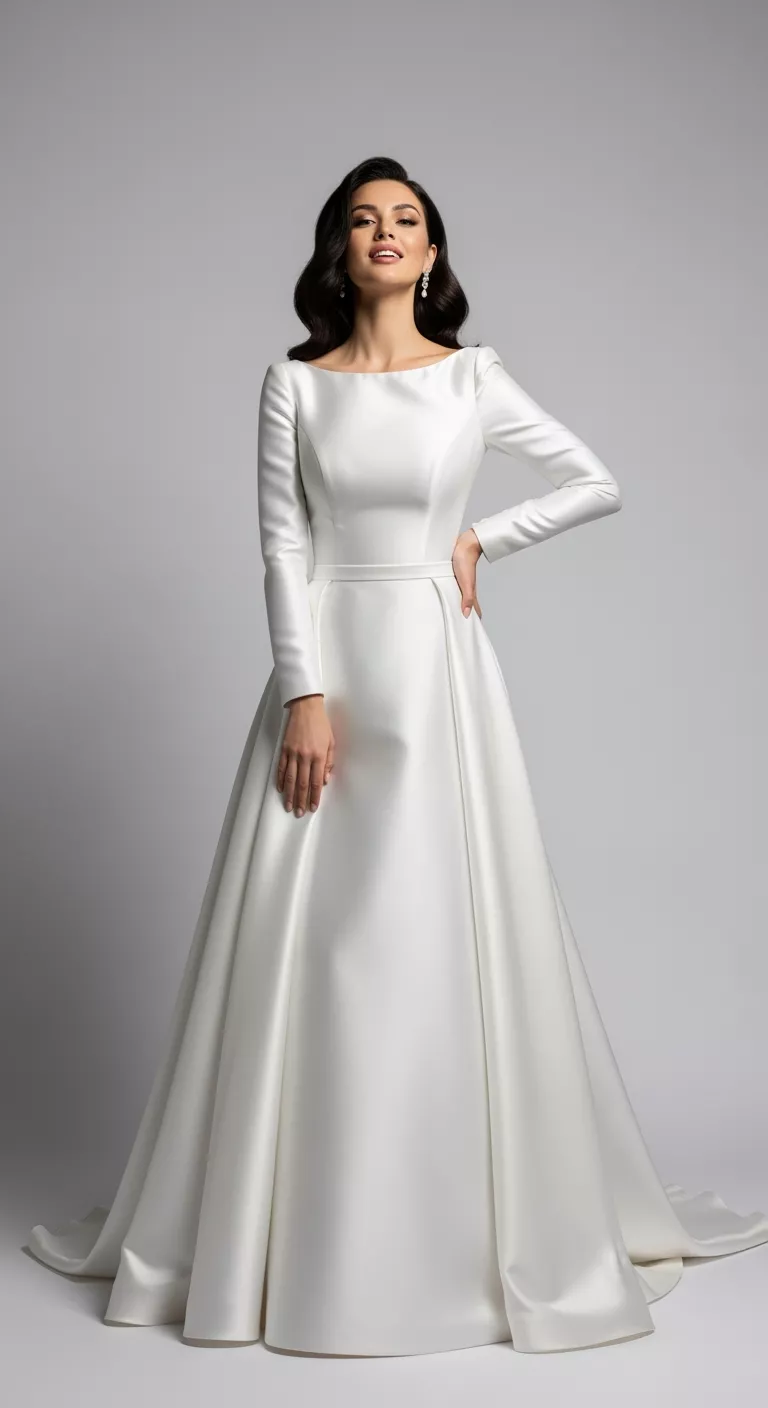 Mikado Wedding Dress with Long Sleeves A beautiful woman poses confidently in a Mikado Wedding Dress with Long Sleeves, clean studio background, pale gray, studio lighting.