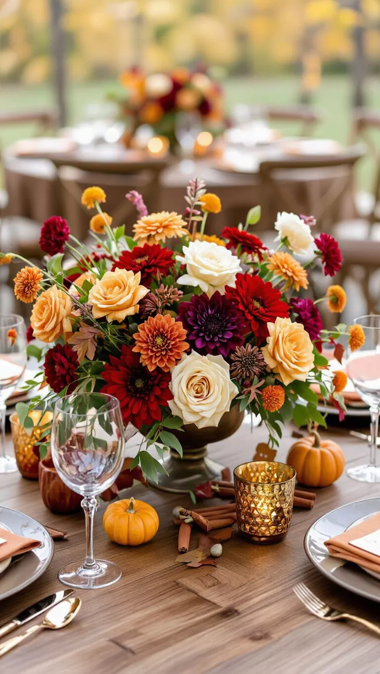 A professional photo, similar to a photo in a wedding magazine, of a fall wedding table with a centerpiece featuring flowers and elements in cinnamon, paprika, and turmeric hues, creating warmth.
