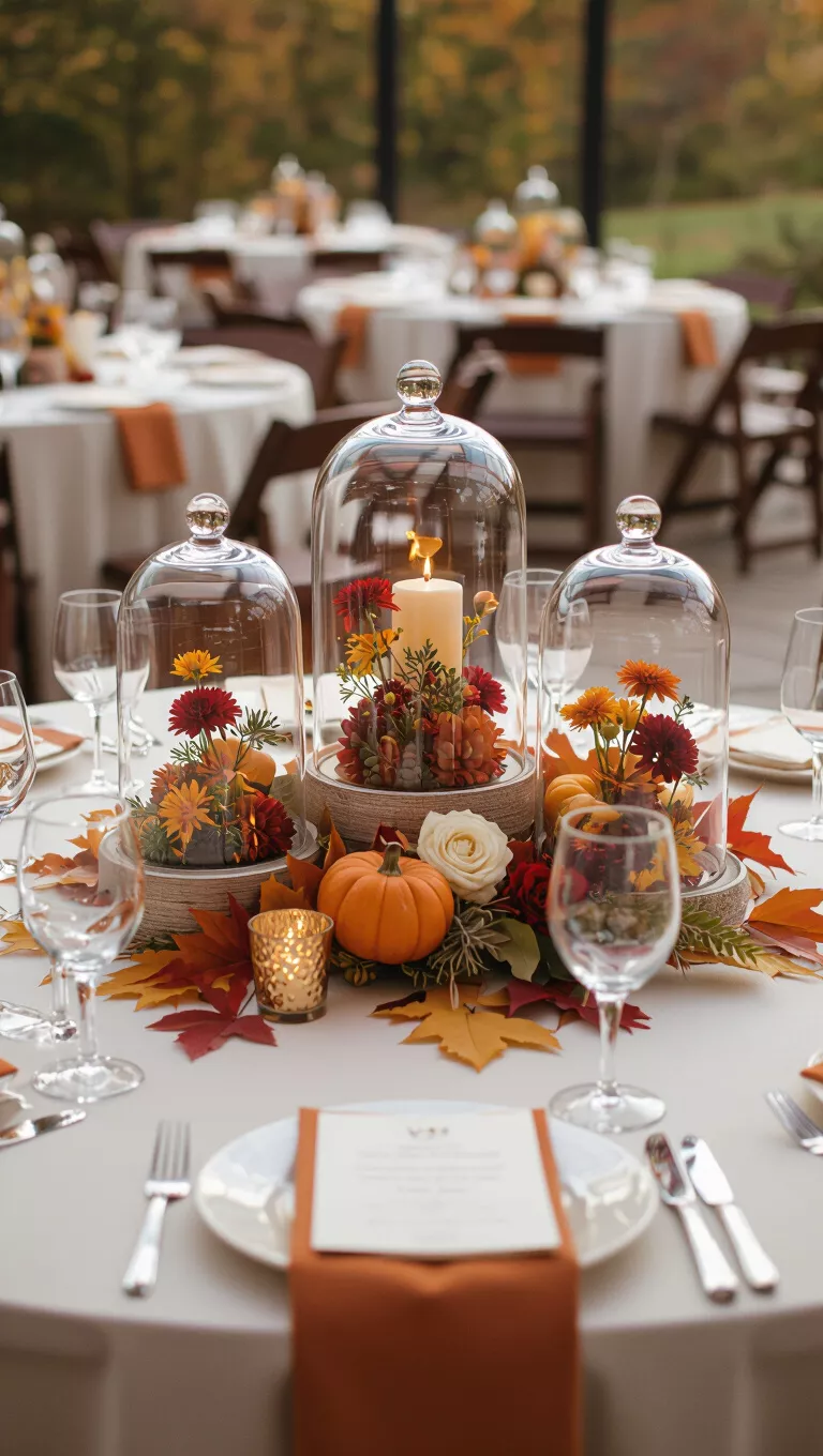 A professional photo, similar to a photo in a wedding magazine, of a fall wedding table with a centerpiece using elegant glass cloches to display small floral arrangements and decorative items.