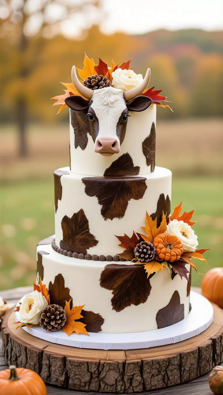 A professional photo, similar to a photo in a wedding magazine, of a fall wedding cake featuring a cowhide-inspired pattern, possibly incorporating earthy tones or rustic elements.