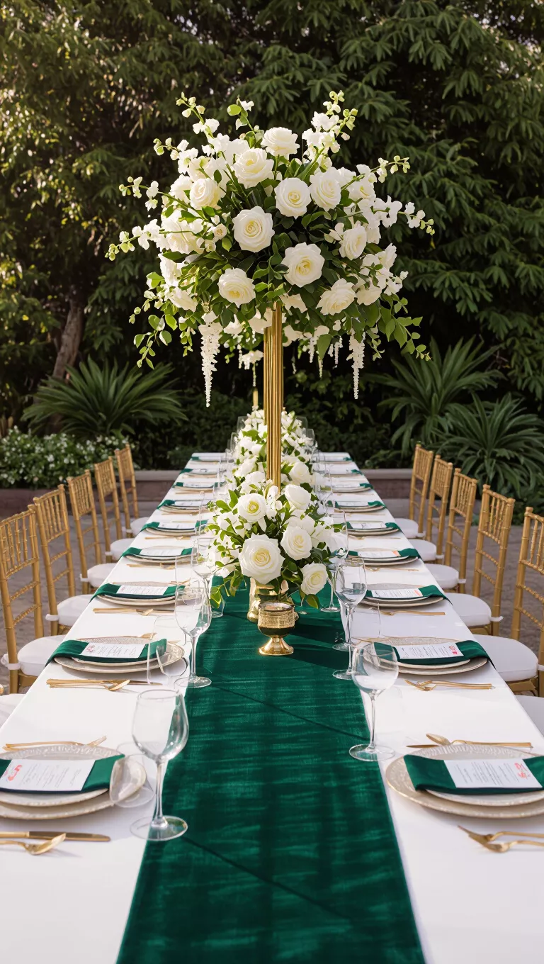 A professional photo, similar to a photo in a wedding magazine, of an emerald green velvet runner on a long wedding table, with white floral arrangements and gold tableware.