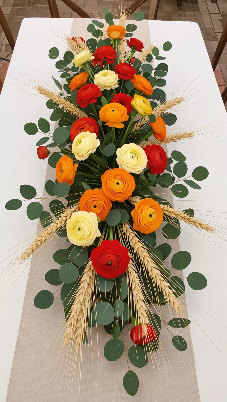 Autumn Centerpieces A professional photo, similar to a photo in a wedding magazine, of a low, elongated autumn centerpiece featuring eucalyptus, orange ranunculus, and dried wheat stalks.