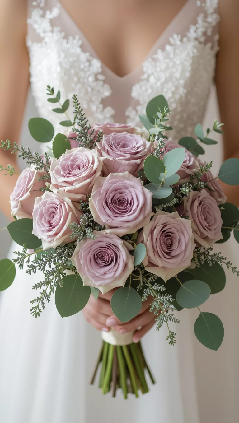 A professional photo, similar to a photo in a wedding magazine, of a wedding bouquet featuring delicate mauve roses, dusty miller, and eucalyptus leaves.