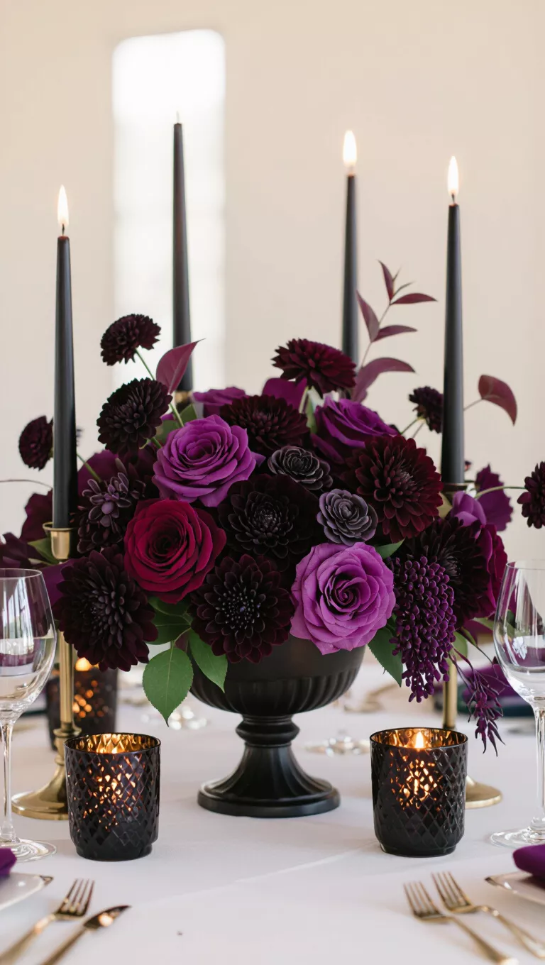 Dark and Moody Fall Wedding Centerpieces A professional photo, similar to a photo in a wedding magazine, of a dramatic wedding centerpiece featuring dark plum-colored flowers, black candles, and metallic accents.