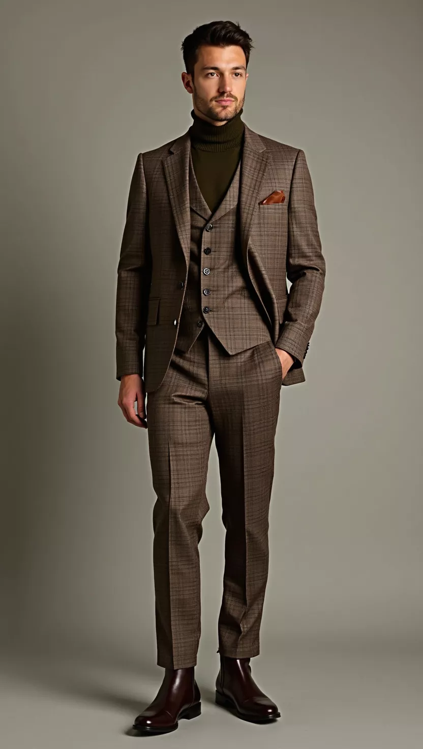 A professional photo, similar to a photo in a wedding magazine, of a man wearing a brown plaid suit, a dark olive green turtleneck, and dark brown leather boots.