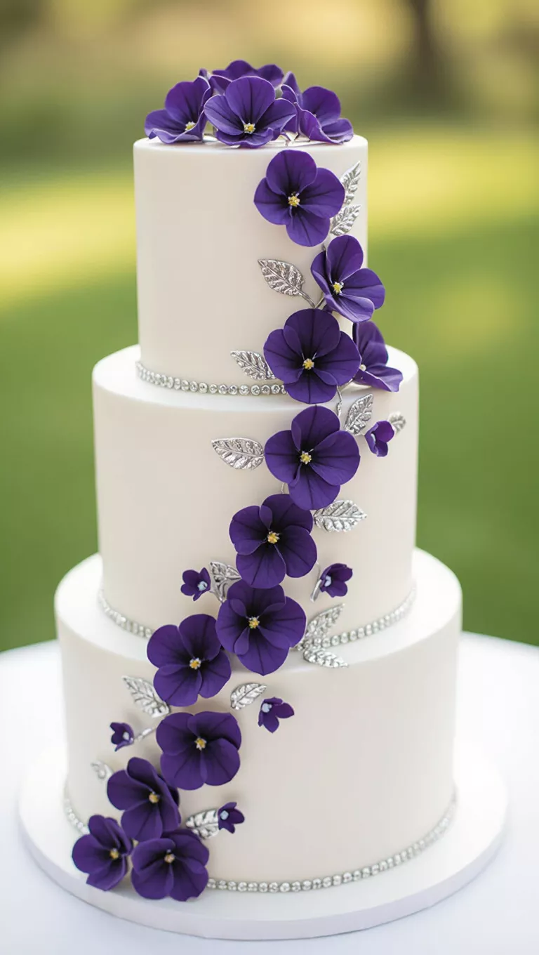 A professional photo, similar to a photo in a wedding magazine, of a tiered wedding cake decorated with edible violet flowers and silver accents.