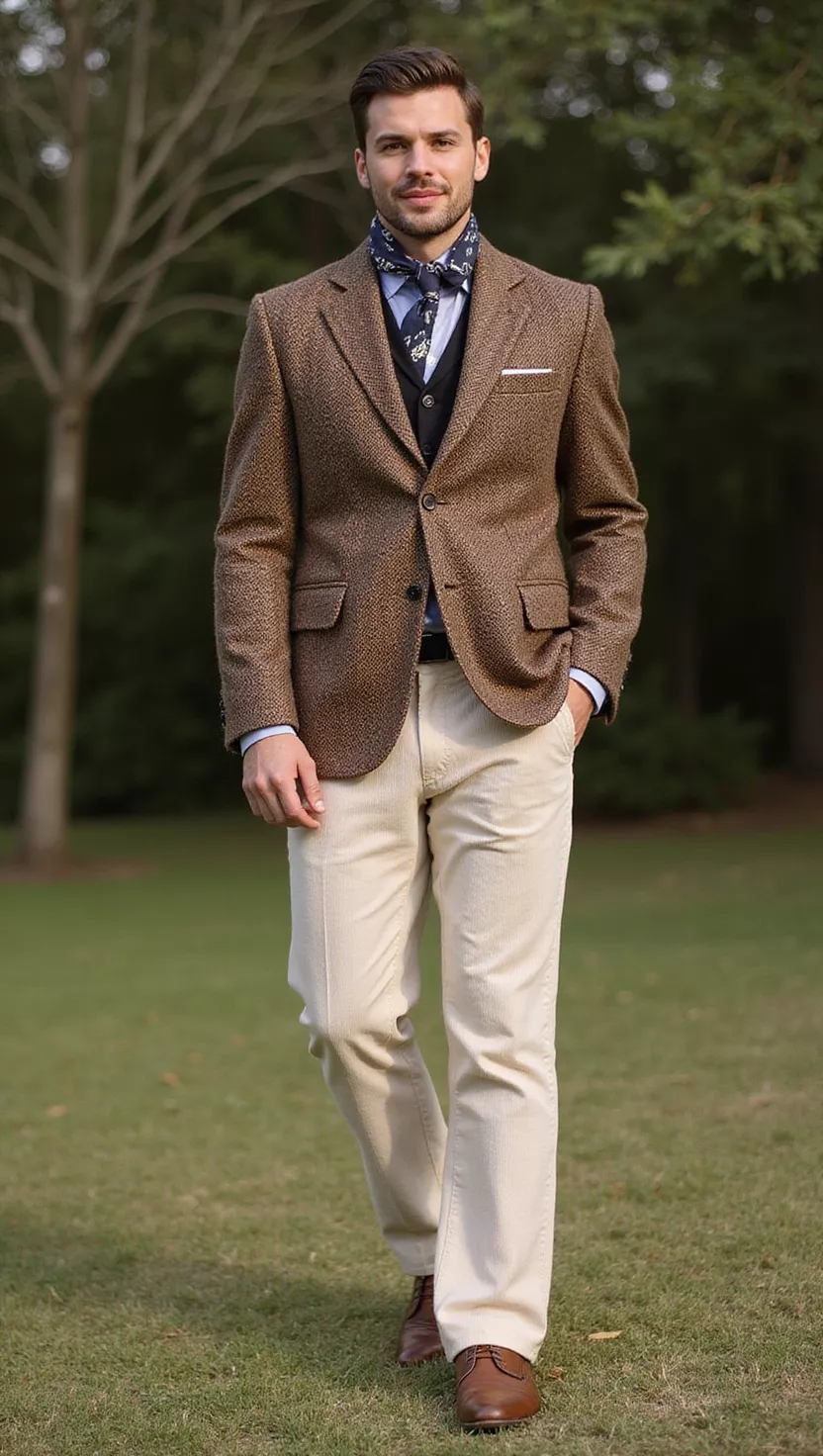 A professional photo, similar to a photo in a wedding magazine, of a man wearing a brown tweed blazer, cream corduroy trousers, and a patterned scarf, looking very dapper.