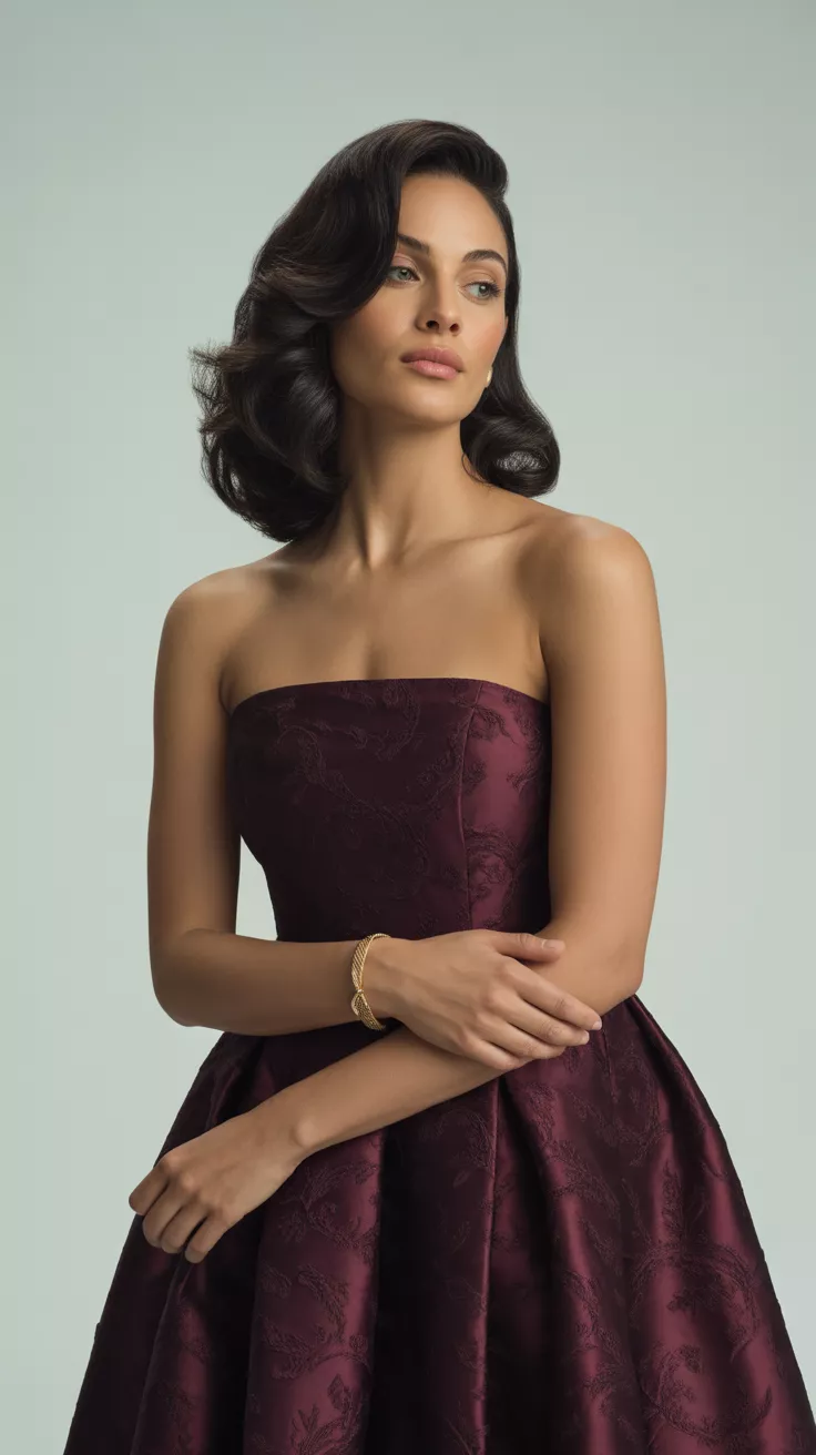 A beautiful woman poses confidently in a burgundy jacquard strapless midi dress, clean studio background, pale gray, studio lighting.