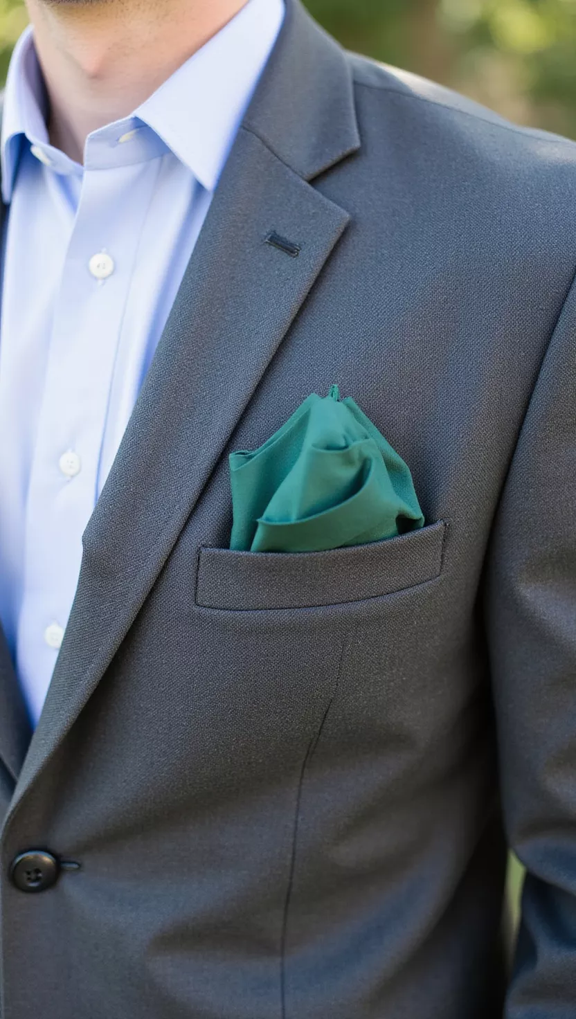 A professional photo, similar to a photo in a wedding magazine, of a man wearing a charcoal grey suit, a light blue dress shirt, and a folded forest green pocket square in the jacket.