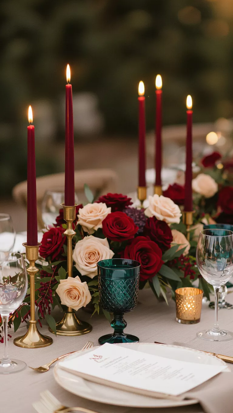 A professional photo, similar to a photo in a wedding magazine, of a fall wedding table with tall, slender candles in deep jewel tones like burgundy, emerald, and sapphire, casting a soft glow.