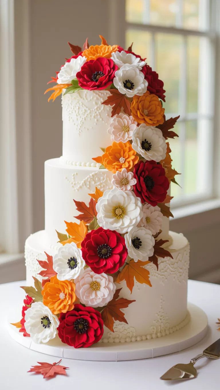 A professional photo, similar to a photo in a wedding magazine, of an incredibly detailed fall wedding cake decorated with an abundance of intricately crafted edible sugar flowers in seasonal colors.