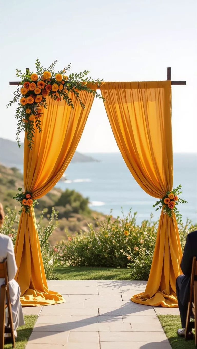 A professional photo, similar to a photo in a wedding magazine, of marigold colored fabric draped as a wedding ceremony backdrop, with touches of greenery.