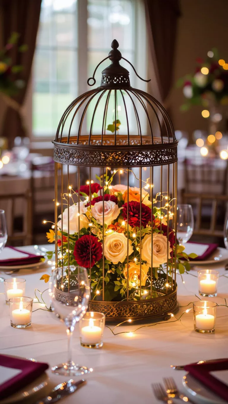 A professional photo, similar to a photo in a wedding magazine, of a fall wedding table with an ornate vintage birdcage filled with flowers and fairy lights as the centerpiece.
