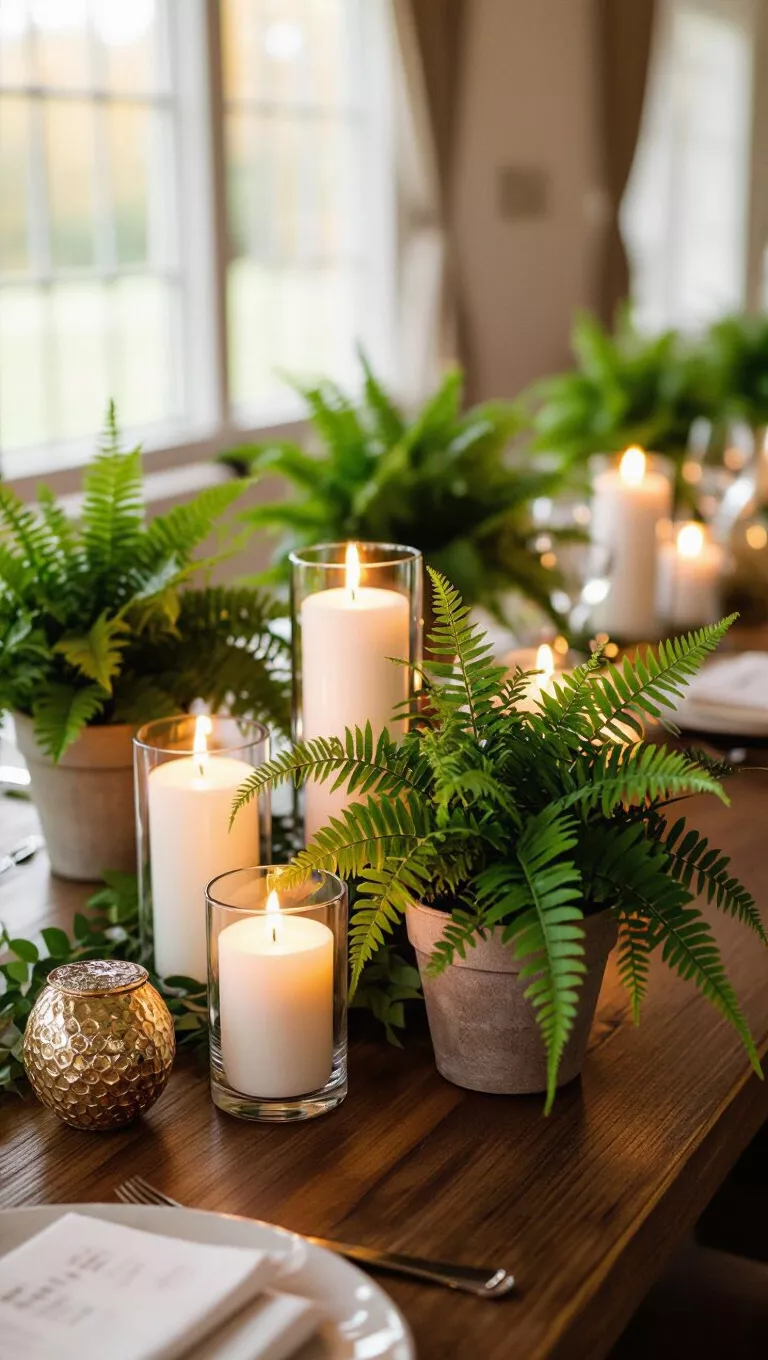 A professional photo, similar to a photo in a wedding magazine, of a fall wedding table with lush green ferns in small pots as a primary centerpiece, surrounded by glowing candles.