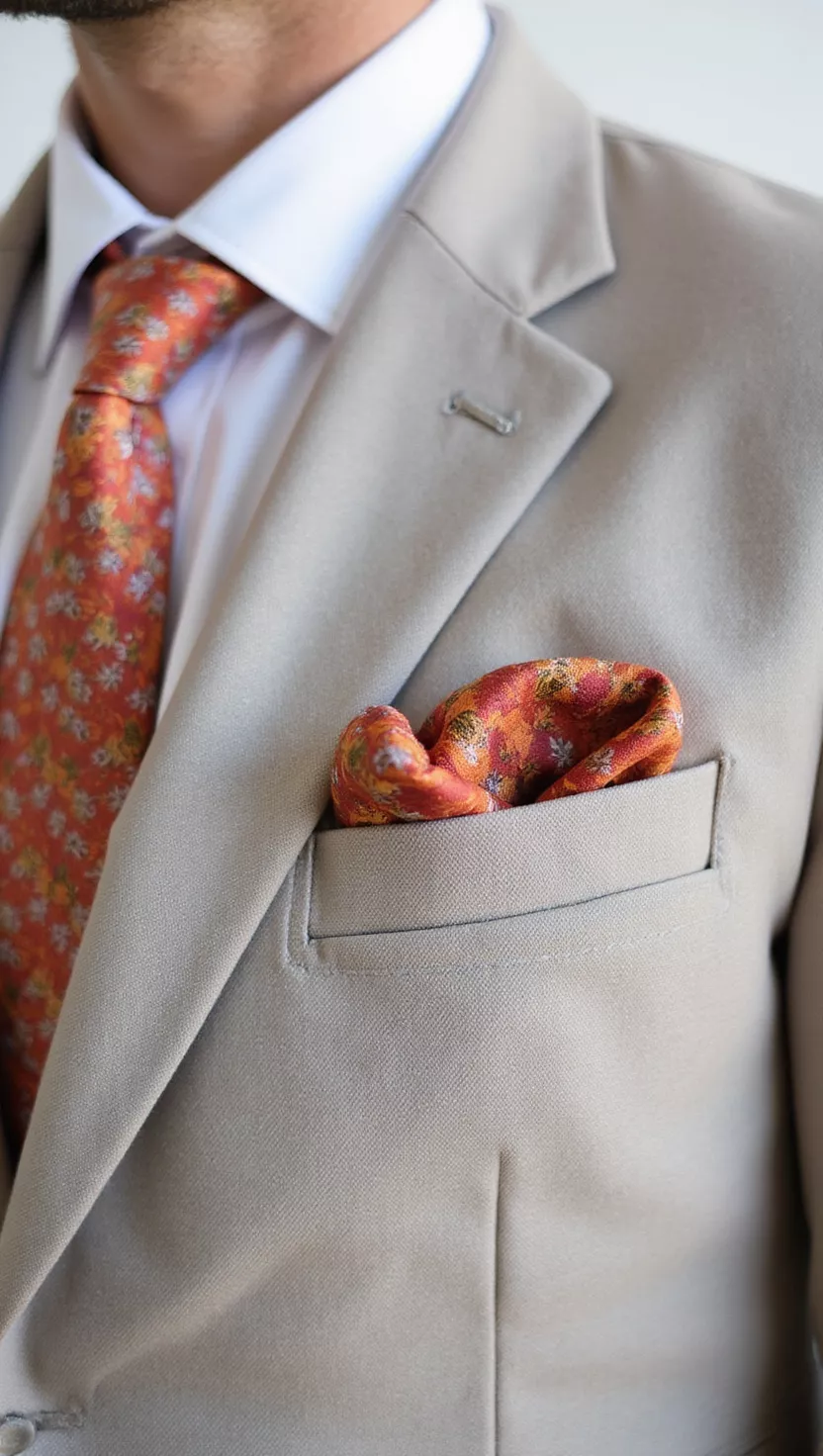 A professional photo, similar to a photo in a wedding magazine, of a man wearing a neutral suit, complimented by a vibrant and artistically folded silk pocket square with autumn colors.