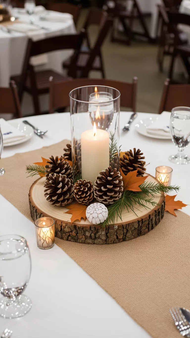 A professional photo, similar to a photo in a wedding magazine, of a fall wedding table with a centerpiece made from natural rustic elements like wood slices, pinecones, and burlap runners.