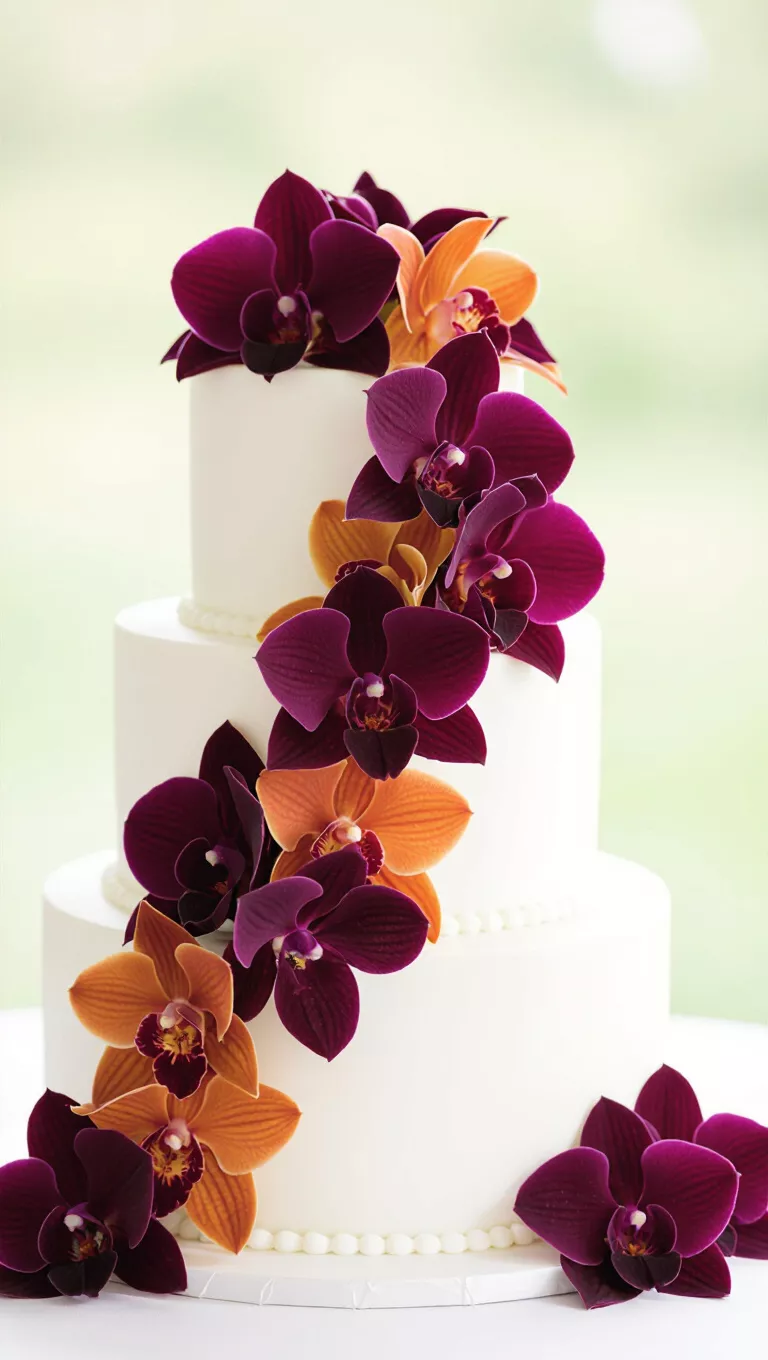A professional photo, similar to a photo in a wedding magazine, of a pristine white fall wedding cake elegantly adorned with exotic orchids in shades of deep purple, burgundy, or orange.