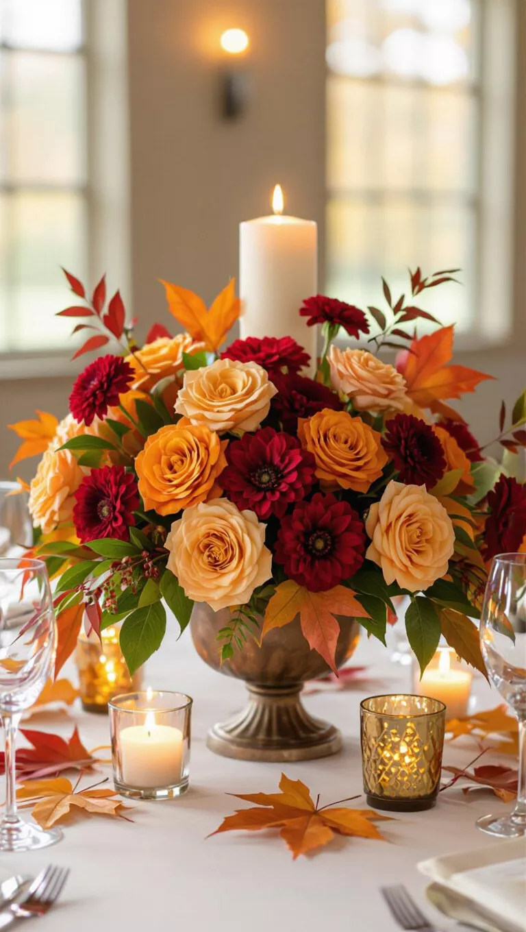 A professional photo, similar to a photo in a wedding magazine, of a wedding centerpiece arrangement featuring persimmon-colored flowers, autumn leaves, and candles.