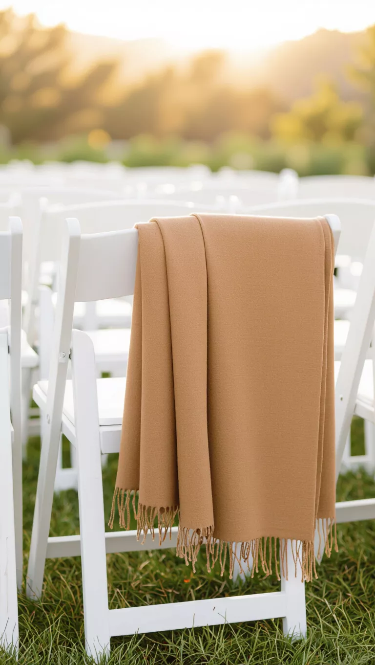A professional photo, similar to a photo in a wedding magazine, of a camel-colored pashmina draped over a white chair at an outdoor wedding.